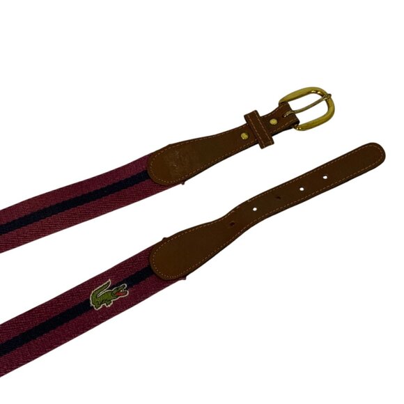 Vintage Izod Lacoste Belt Size 38 Striped Canvas Tabbed Leather Burgundy Navy - Picture 2 of 3